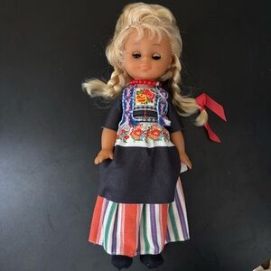 Vintage Polish Folk Doll Traditional Krakowianka Dress Blonde Braids Floral 12”